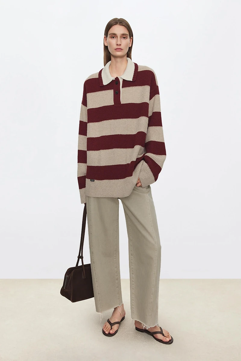 Retro Chunky-Knit Wool Wide-Stripe Polo Sweater