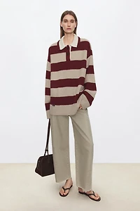 Retro Chunky-Knit Wool Wide-Stripe Polo Sweater