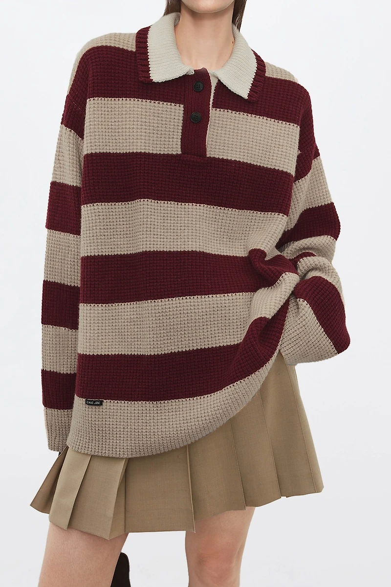 Retro Chunky-Knit Wool Wide-Stripe Polo Sweater