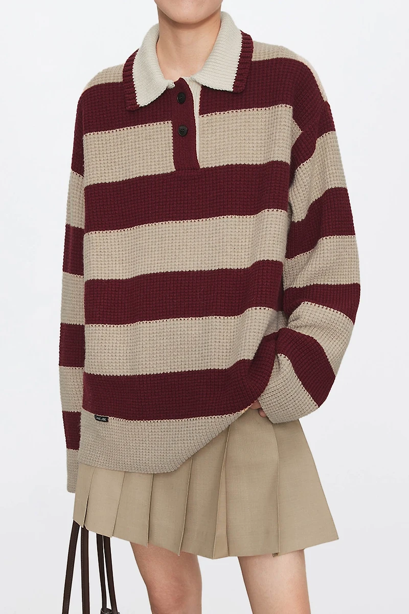 Retro Chunky-Knit Wool Wide-Stripe Polo Sweater