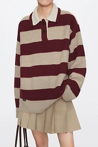 Retro Chunky-Knit Wool Wide-Stripe Polo Sweater