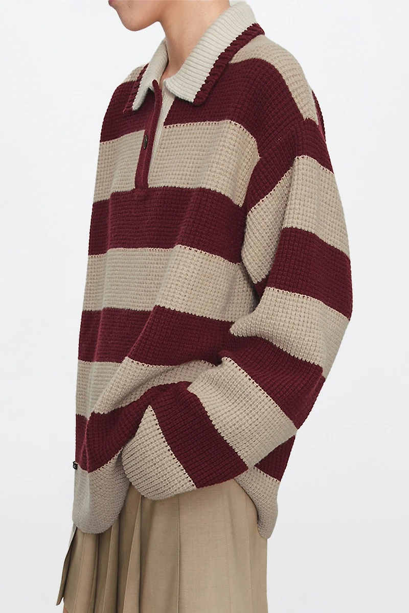 Retro Chunky-Knit Wool Wide-Stripe Polo Sweater