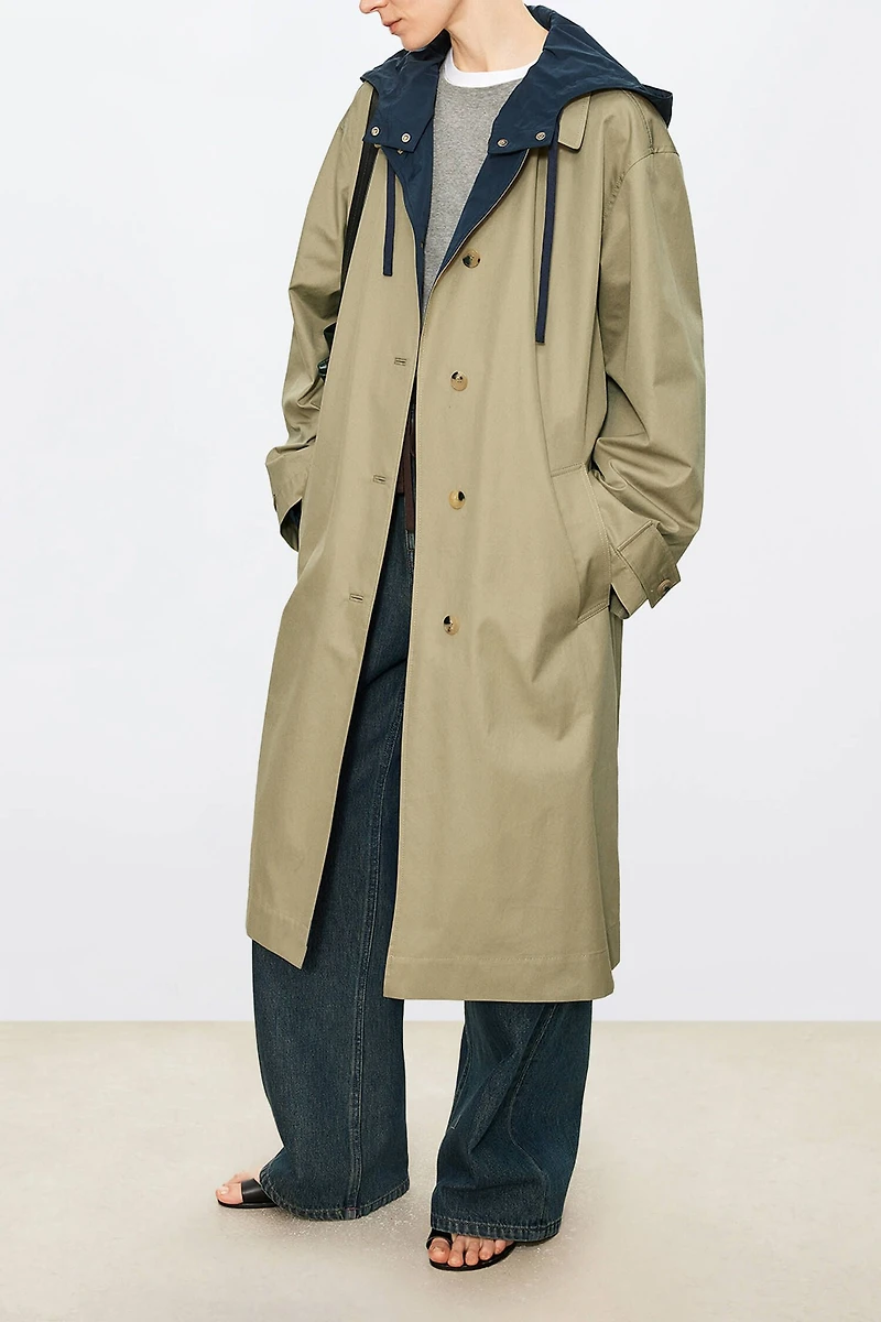 Reversible Contrast Color Hooded Trench Coat Beige