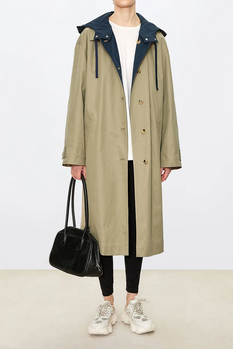 Reversible Contrast Color Hooded Trench Coat Beige