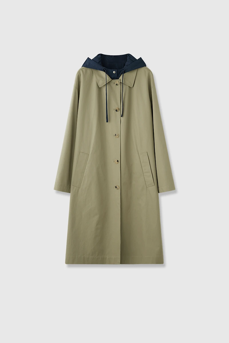 Reversible Contrast Color Hooded Trench Coat Beige