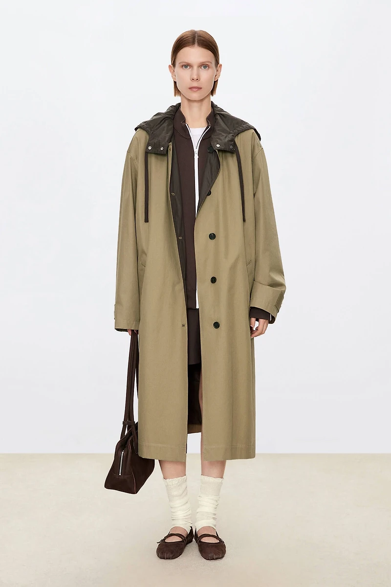 Reversible Contrast Color Hooded Trench Coat Khaki