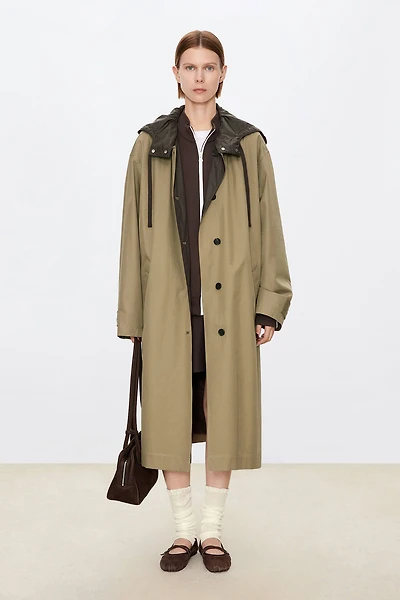 Reversible Contrast Color Hooded Trench Coat Khaki