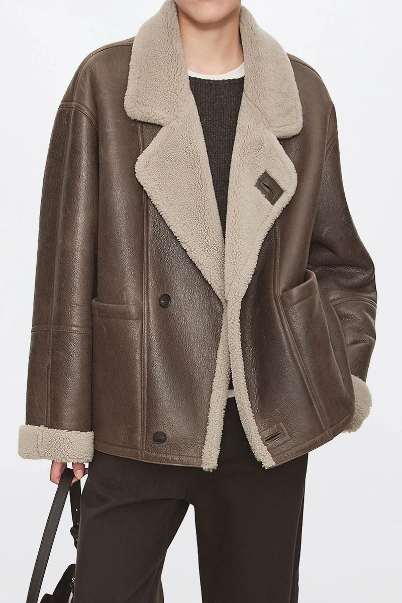 Shearling Coat with Cracked Leather