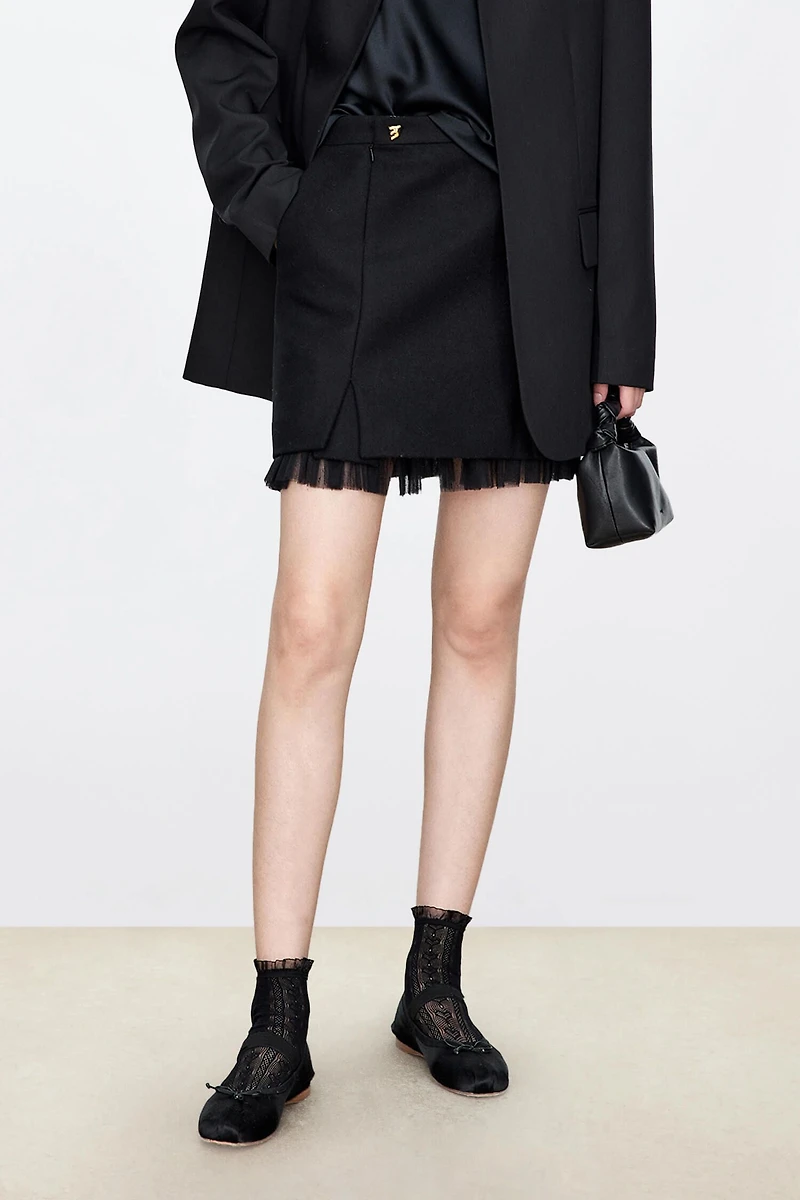 Sheer-Hemmed Wool Mini Skirt
