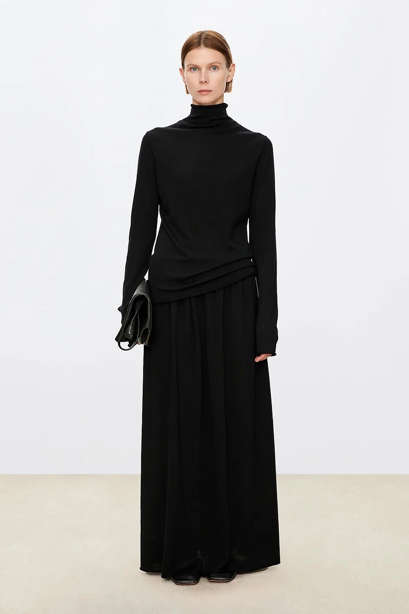 Silk and Wool Half Turtleneck Top (with Detachable Shawl)