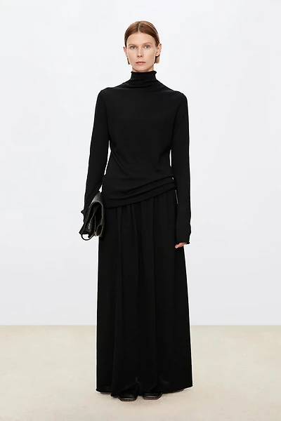 Silk and Wool Half Turtleneck Top (with Detachable Shawl)