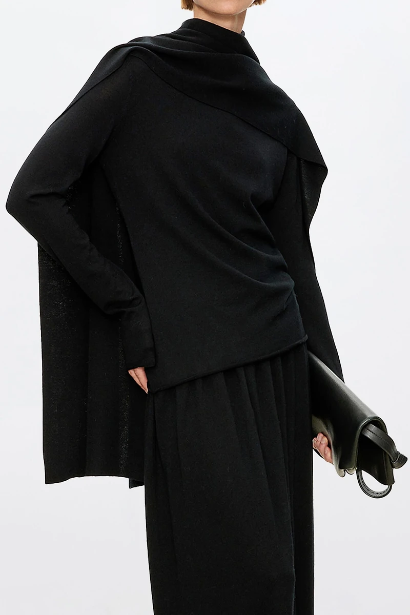 Silk and Wool Half Turtleneck Top (with Detachable Shawl)