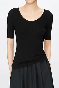 Silk Cotton Yarn UV Neck Mid-Sleeve Top