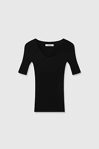 Silk Cotton Yarn UV Neck Mid-Sleeve Top