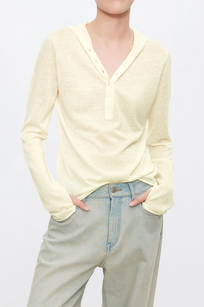 Silk-cotton Henley Hooded top