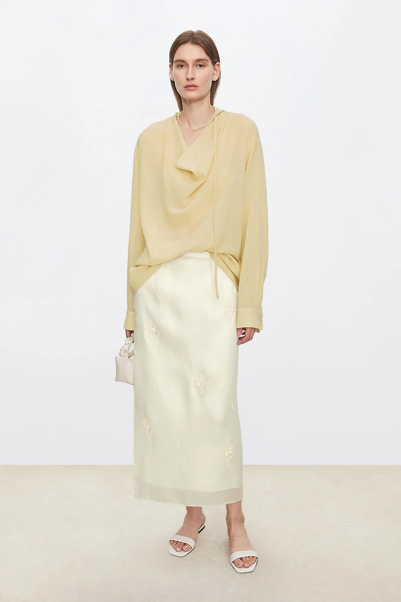 Silk Organza Satin & Lined Hand-Embroidered Thistle Beaded Skirt