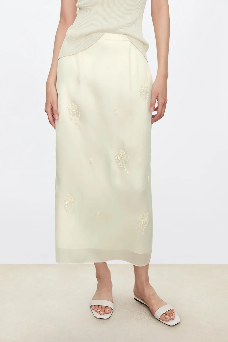 Silk Organza Satin & Lined Hand-Embroidered Thistle Beaded Skirt