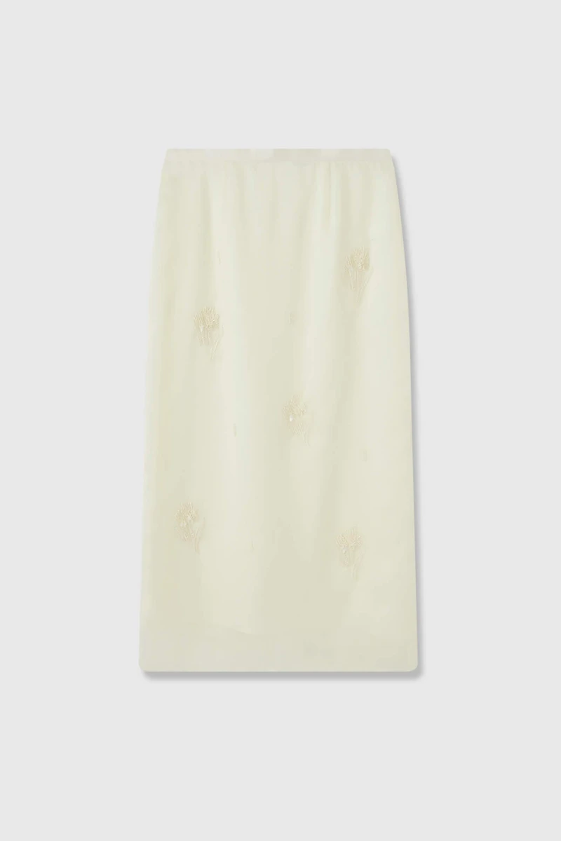 Silk Organza Satin & Lined Hand-Embroidered Thistle Beaded Skirt