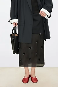 Silk Organza Satin Wool Crinkle Beaded Midi Skirt