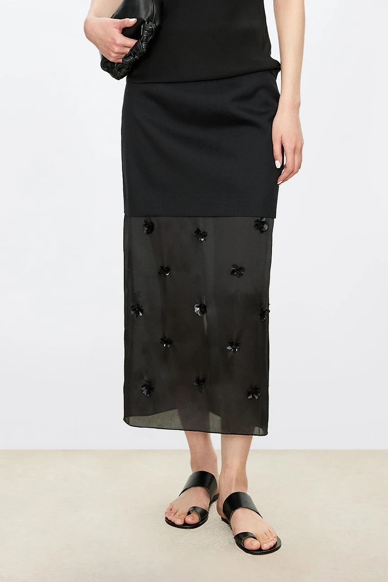 Silk Organza Satin Wool Crinkle Beaded Midi Skirt