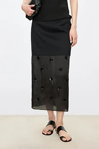 Silk Organza Satin Wool Crinkle Beaded Midi Skirt