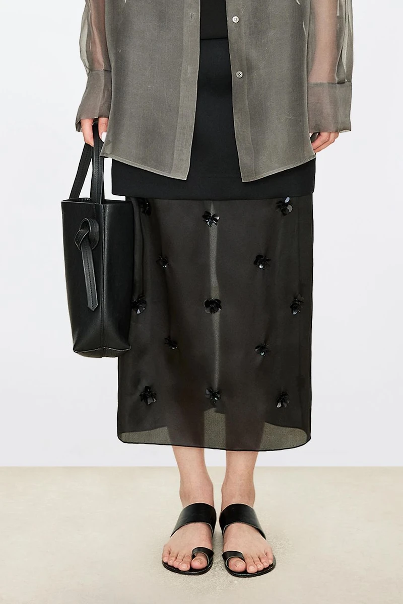 Silk Organza Satin Wool Crinkle Beaded Midi Skirt