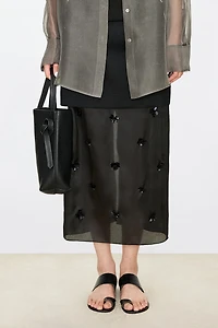 Silk Organza Satin Wool Crinkle Beaded Midi Skirt