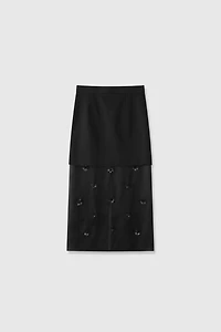 Silk Organza Satin Wool Crinkle Beaded Midi Skirt