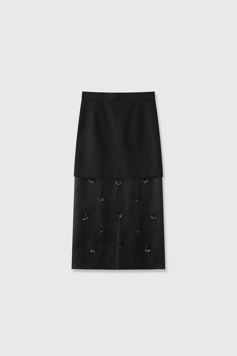 Silk Organza Satin Wool Crinkle Beaded Midi Skirt