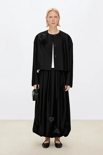 Silk-Wool 3D Pleated Balloon Hem Skirt