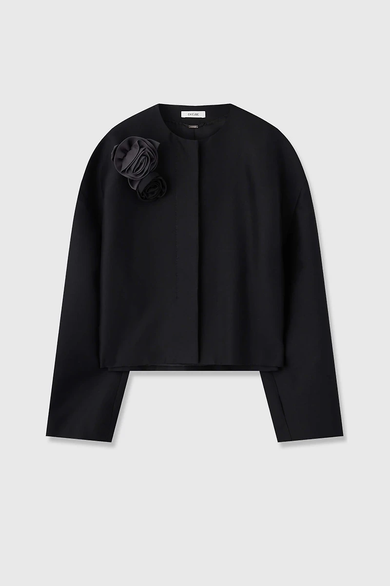 Silk-Wool Detachable Rose Brooch Blazer
