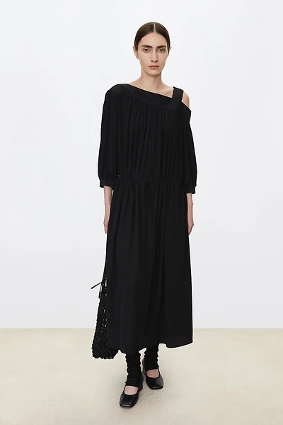 Silk Asymmetrical Shoulder Drawstring Waist Dress