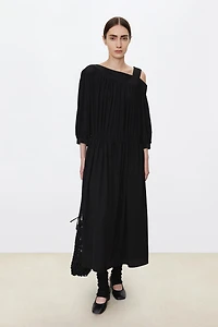 Silk Asymmetrical Shoulder Drawstring Waist Dress