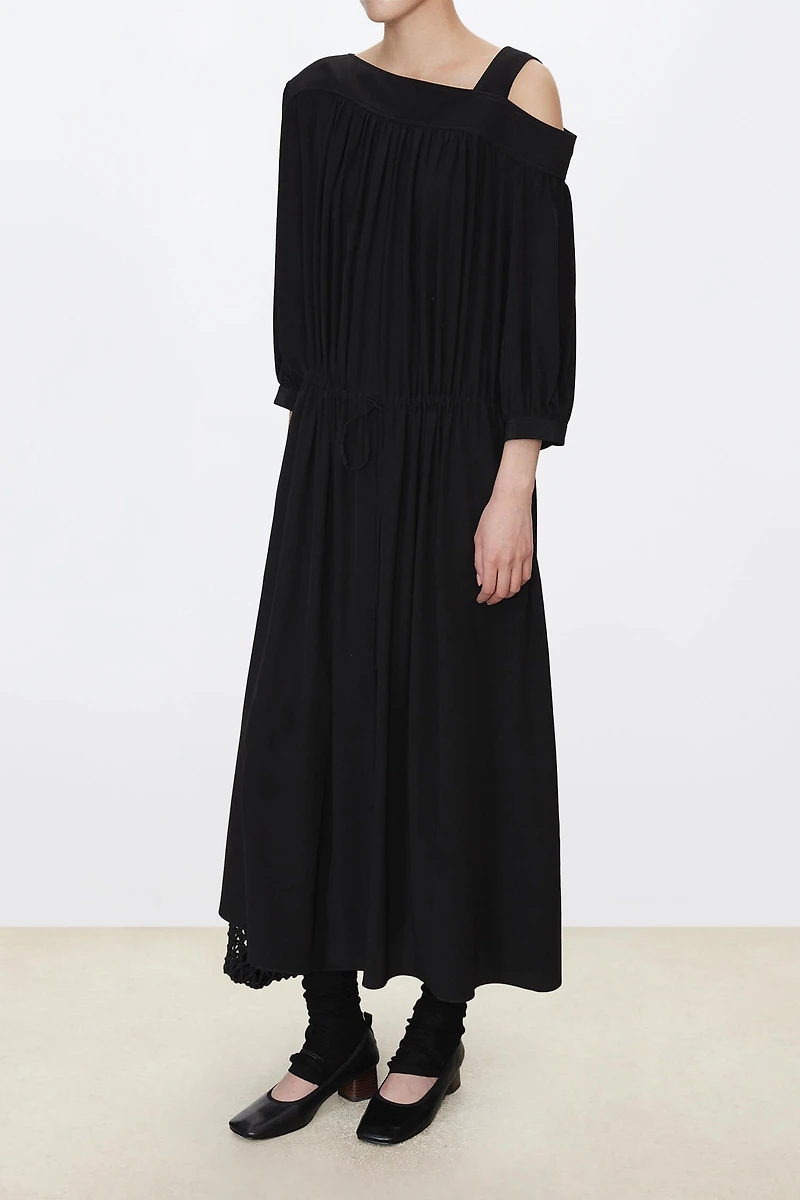 Silk Asymmetrical Shoulder Drawstring Waist Dress