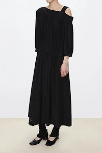 Silk Asymmetrical Shoulder Drawstring Waist Dress