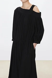 Silk Asymmetrical Shoulder Drawstring Waist Dress