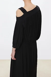 Silk Asymmetrical Shoulder Drawstring Waist Dress