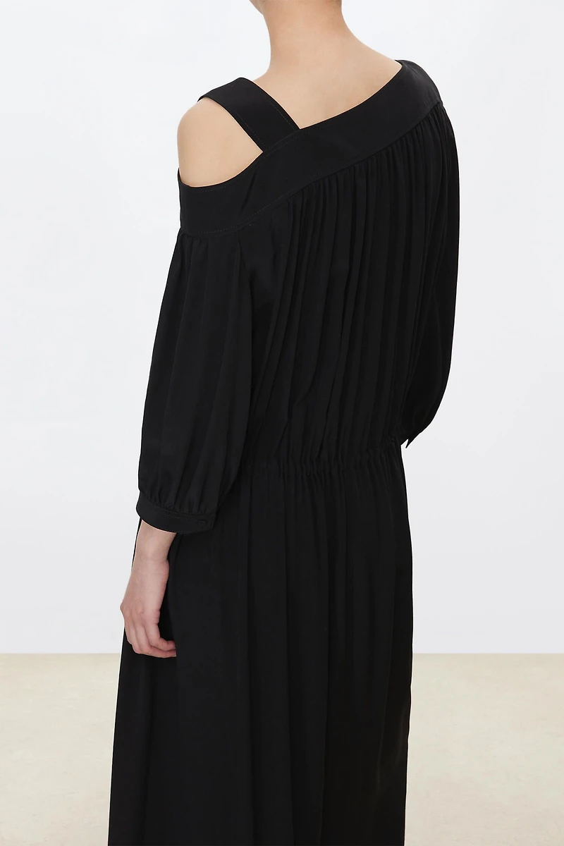 Silk Asymmetrical Shoulder Drawstring Waist Dress