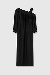 Silk Asymmetrical Shoulder Drawstring Waist Dress