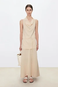 Silk-Cotton Draped Neck Tie Halter Vest
