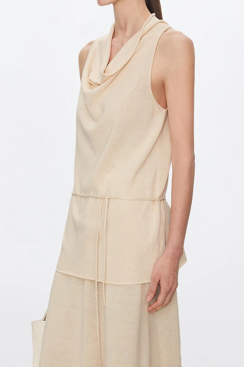 Silk-Cotton Draped Neck Tie Halter Vest