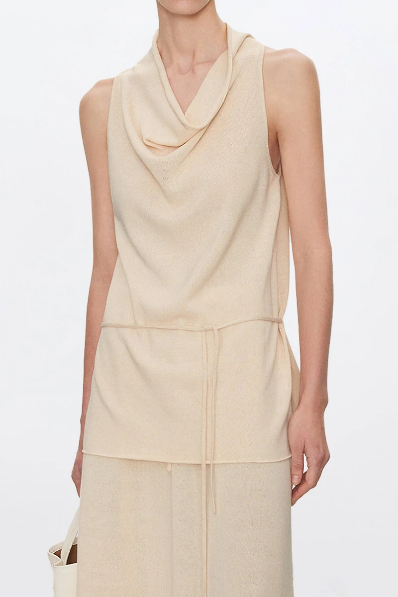 Silk-Cotton Draped Neck Tie Halter Vest