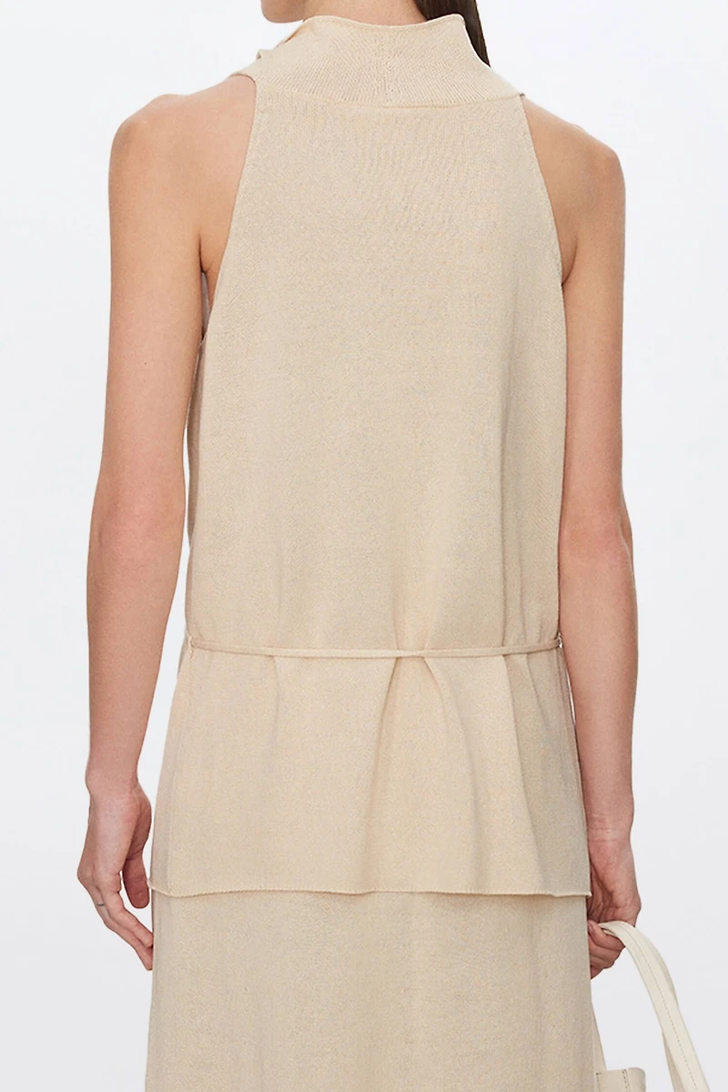Silk-Cotton Draped Neck Tie Halter Vest