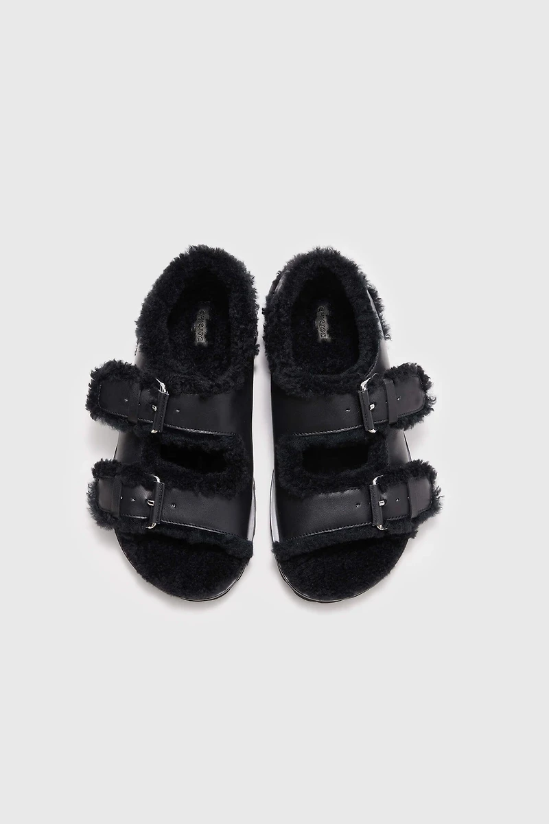 Spanish Shearling Buckle Platform Sandals