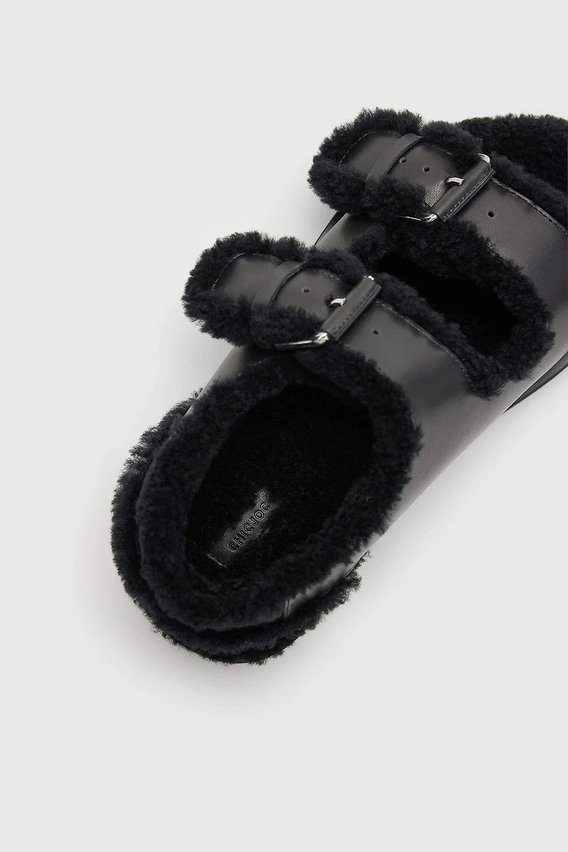 Spanish Shearling Buckle Platform Sandals