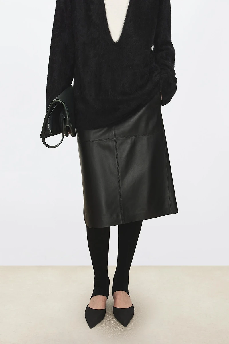 Spanish Lightly-Coated Lamb Leather Paneled Midi Skirt