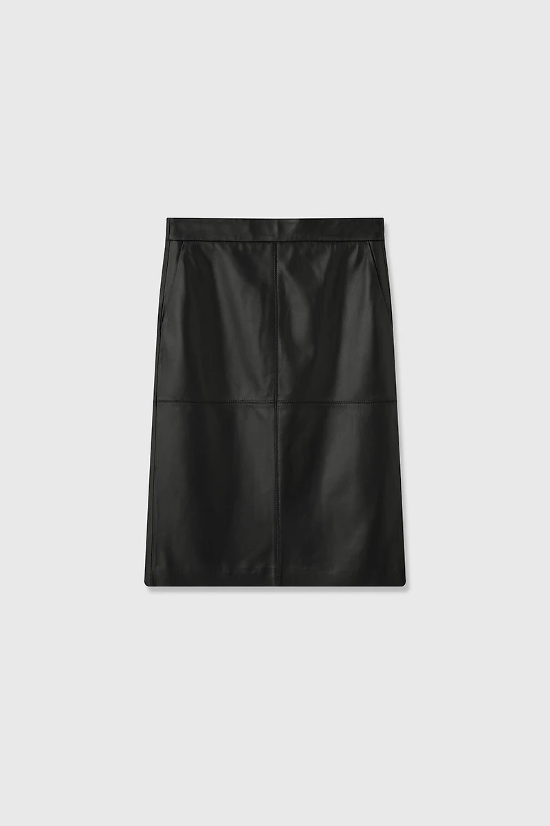 Spanish Lightly-Coated Lamb Leather Paneled Midi Skirt