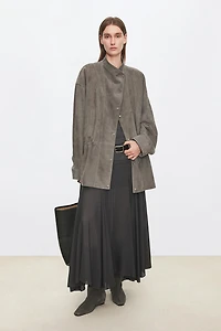 Spanish Lambsuede Stand-Collar Tailored Jacket