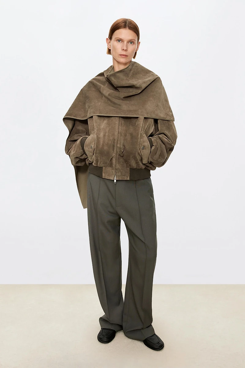 Spanish Suede Baseball Jacket With Wool Cape