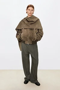 Spanish Suede Baseball Jacket With Wool Cape